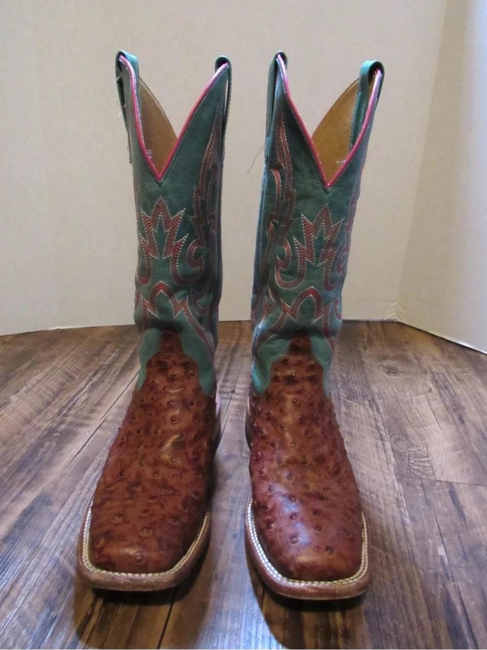 Great condition Macie Beam Brown Ostrich Leather Western Boots with Teal moment